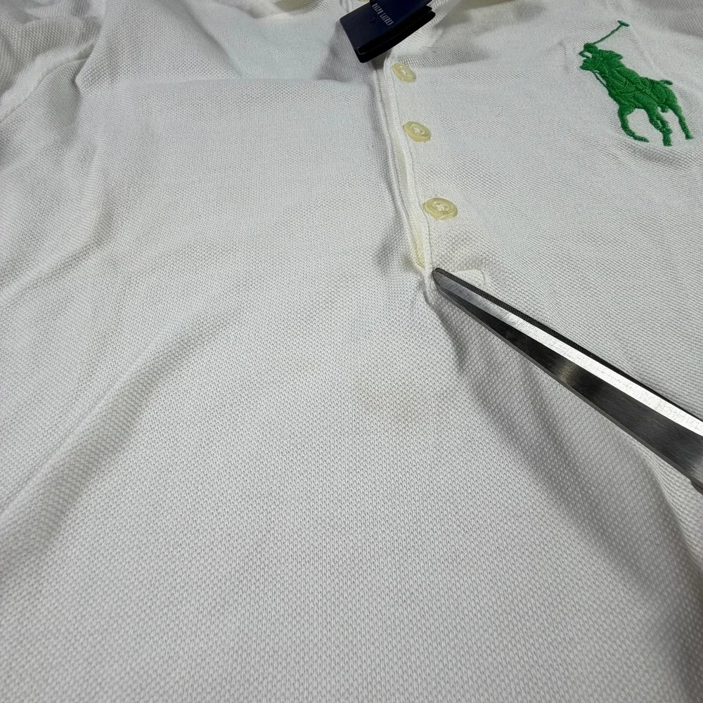 Ralph Lauren Kids Big Pony Mesh Polo Shirt White Green Long Sleeve Size L NWT